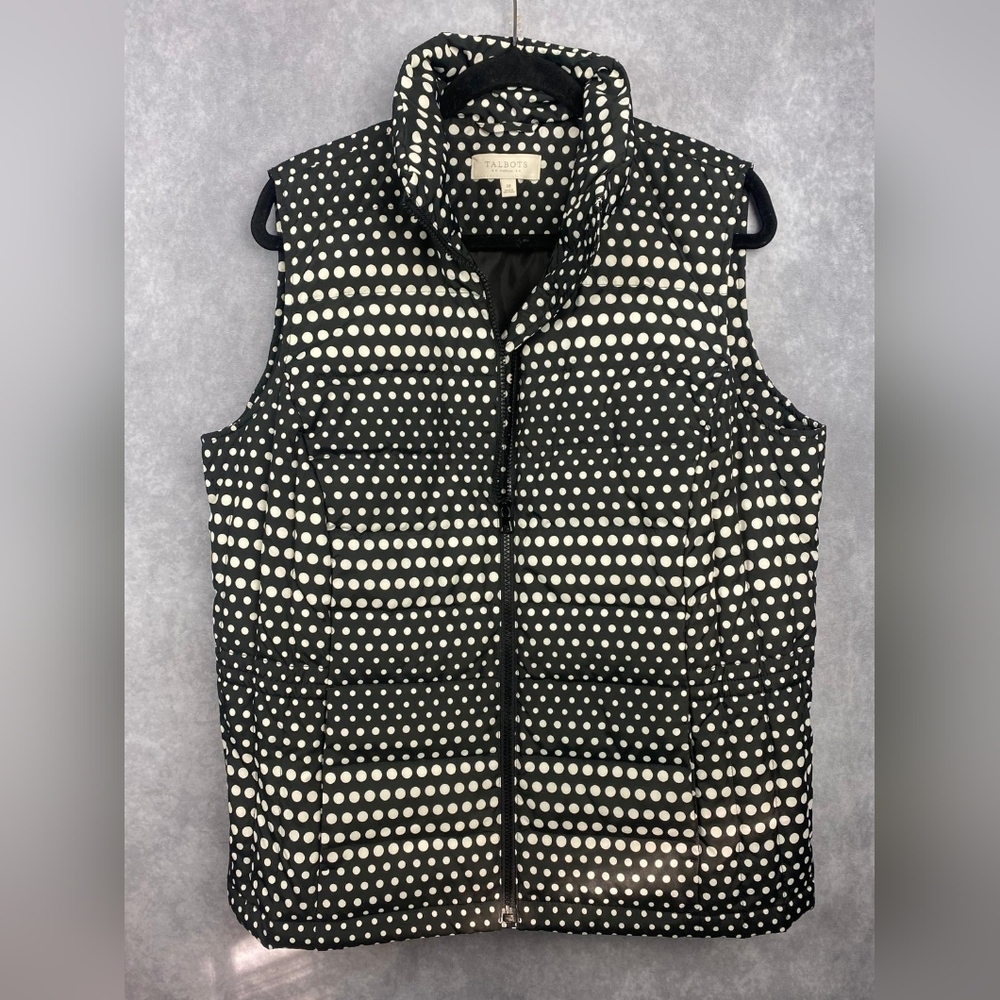 Talbots Womens Size 1X Puffer Vest Black White Polka Dot Feather Down.